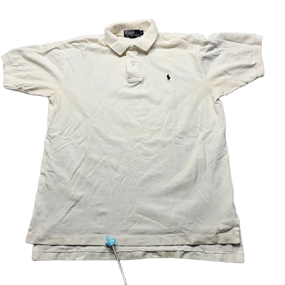 Polo‎ Ralph Lauren Polo Shirt Mens Large Off White Short Sleeve Pony Logo Slit